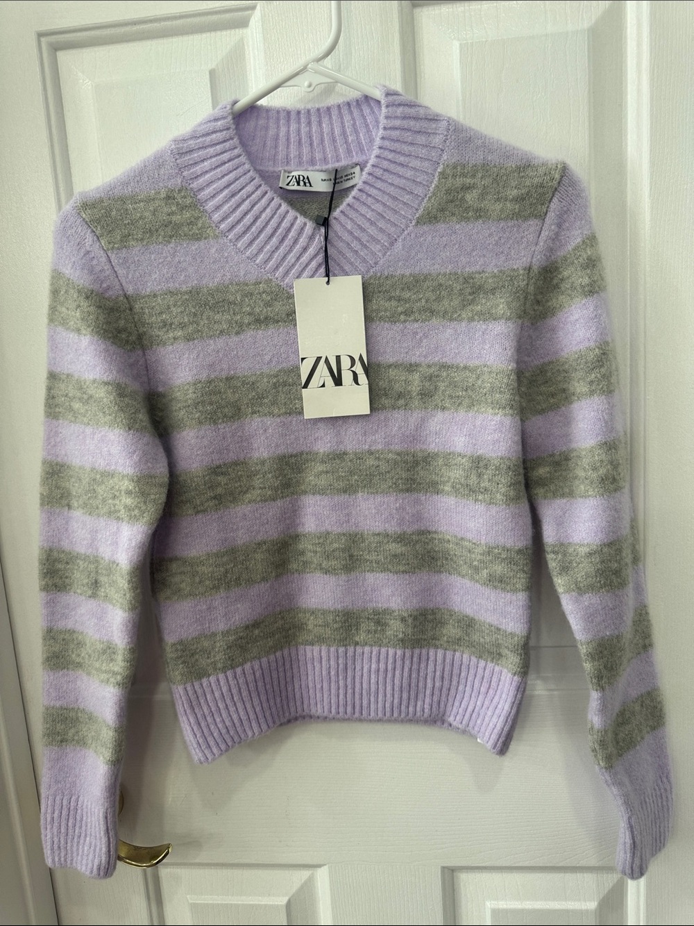 Zara Lavender and Gray Striped Crew Neck Sweater